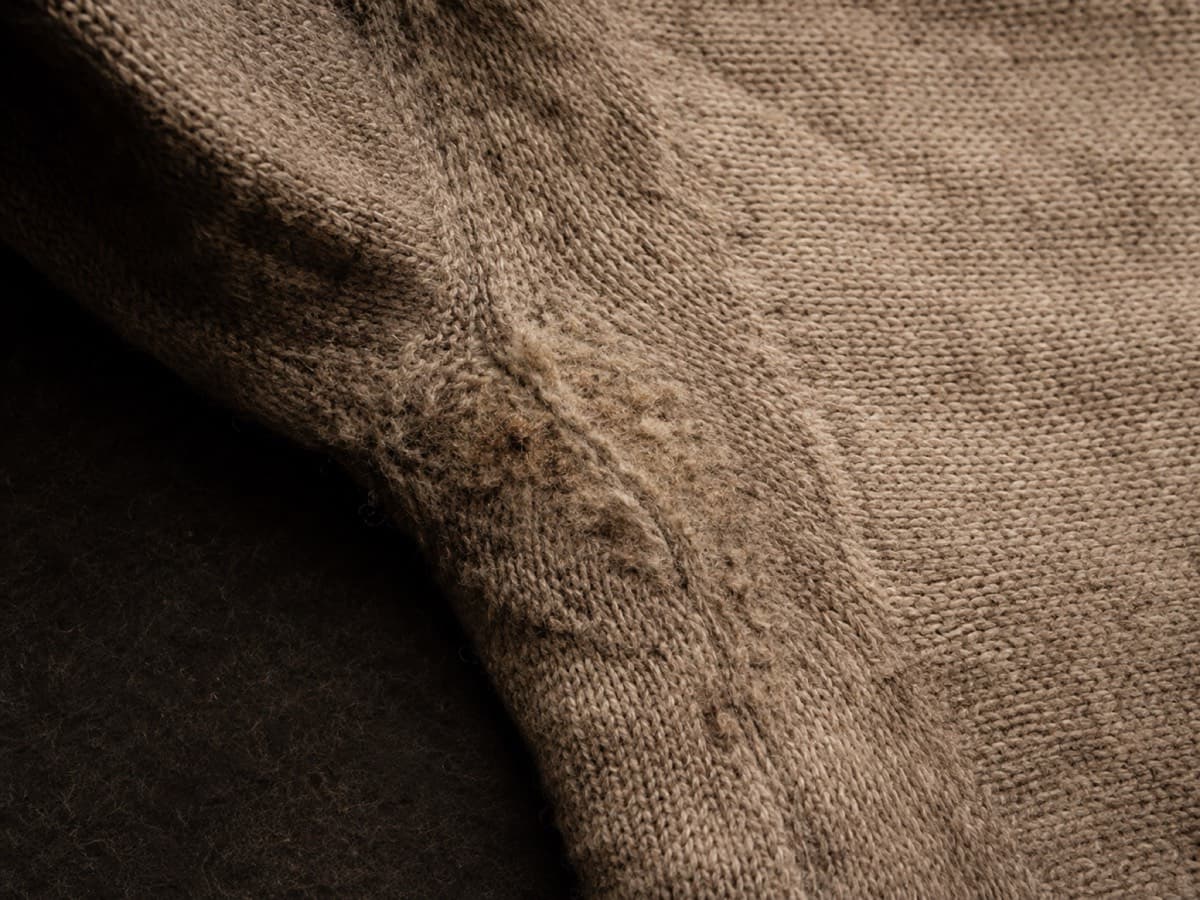 Underarm friction zone of an alpaca blend sweater, matted halo