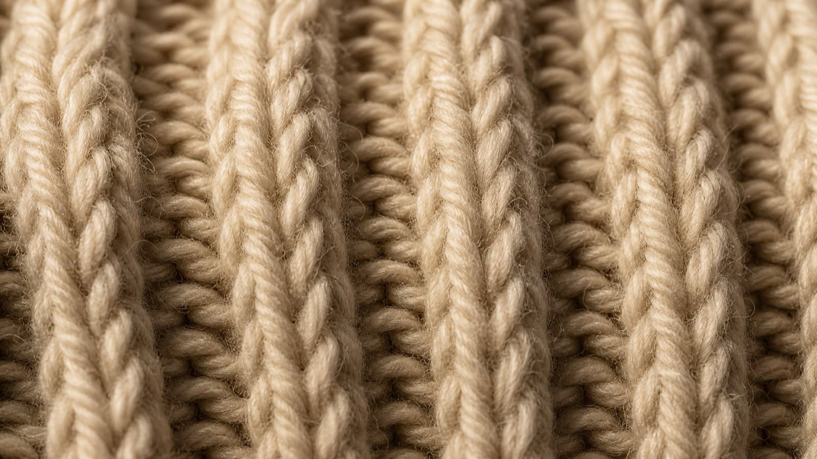 Macro photograph of a 2×2 rib knitted in oatmeal merino, individual loops countable