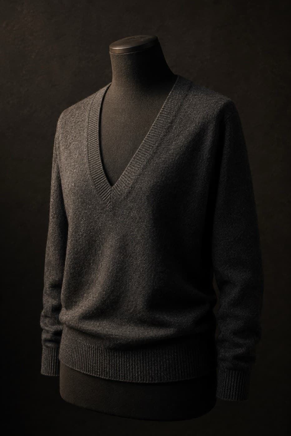 Charcoal merino V-neck sweater on a charcoal dress form