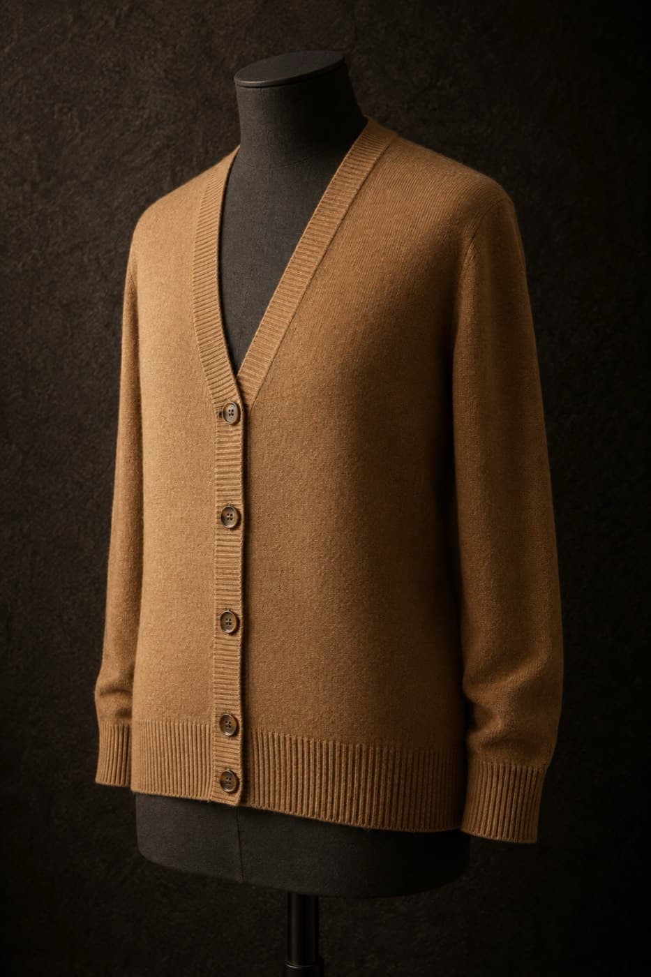Camel merino cardigan with corozo buttons on a charcoal dress form