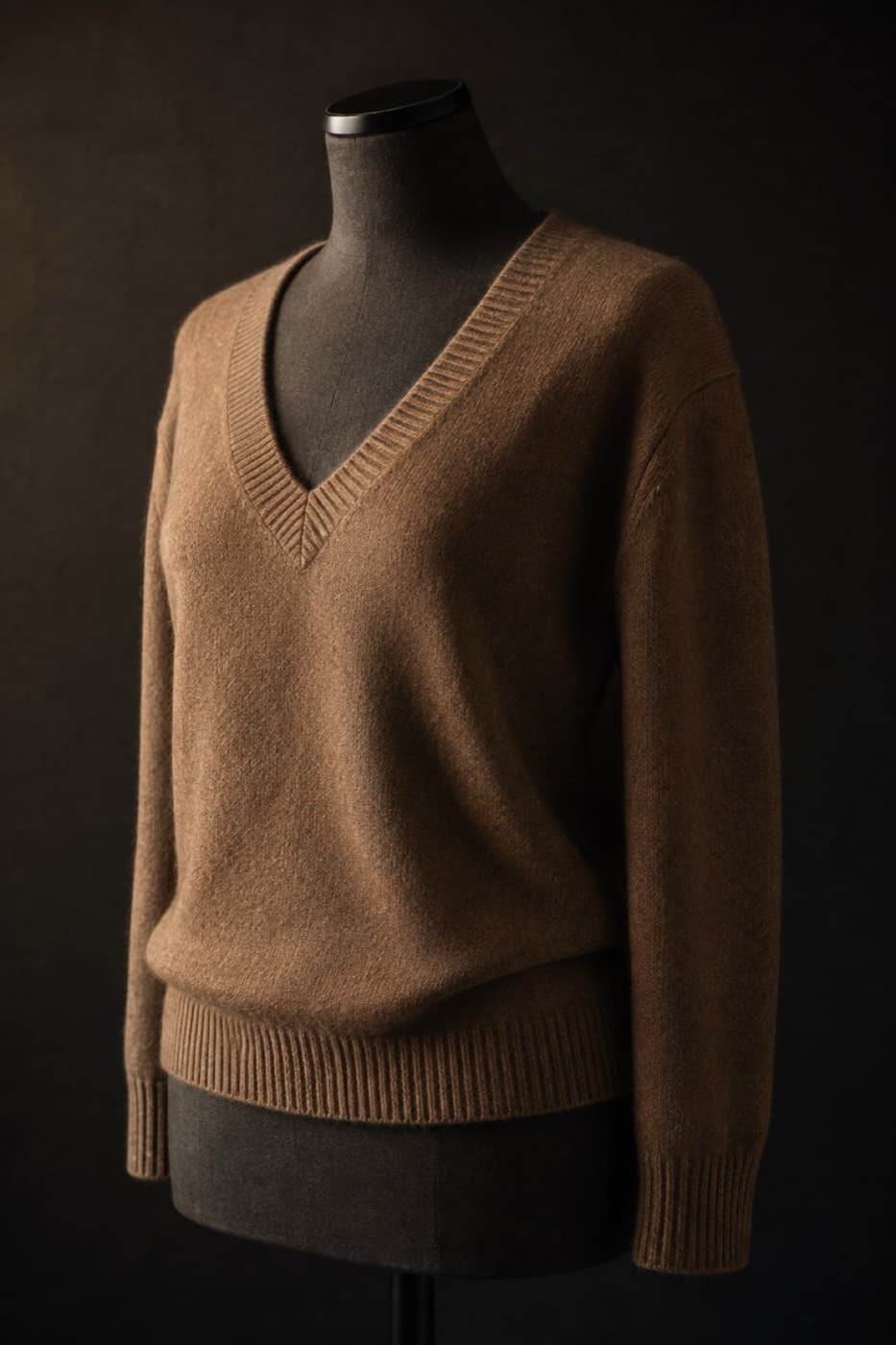 Warm brown lambswool V-neck on a charcoal dress form