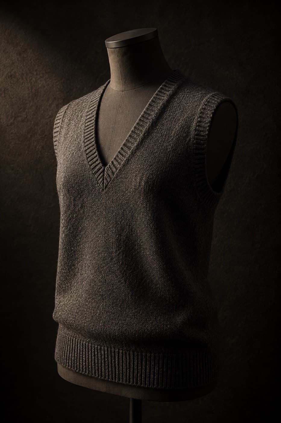 Charcoal sleeveless lambswool vest on a charcoal dress form