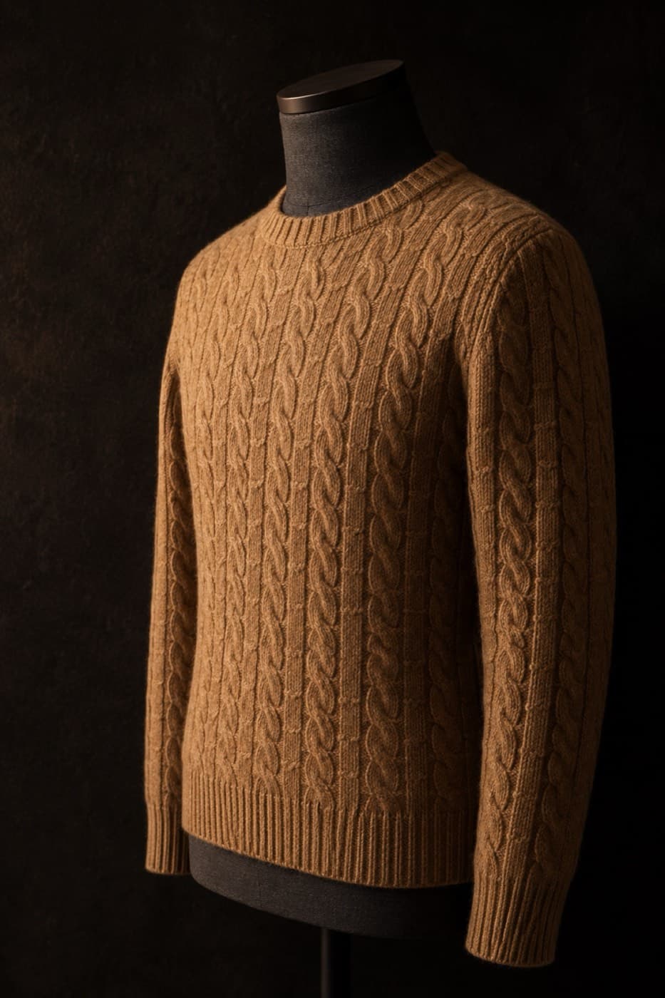 Camel cable knit lambswool sweater on a charcoal dress form