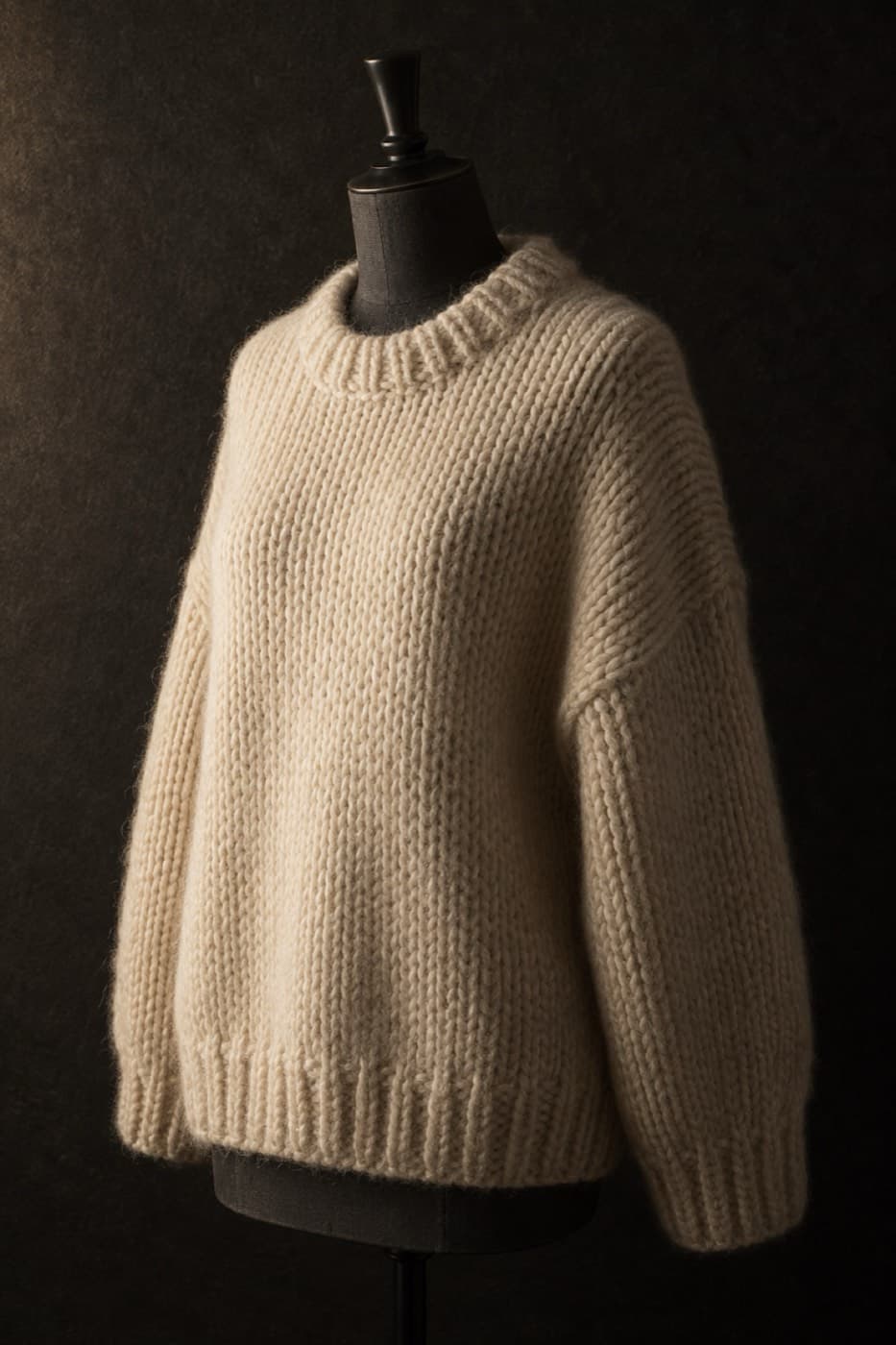 Ecru chunky lambswool sweater on a charcoal dress form