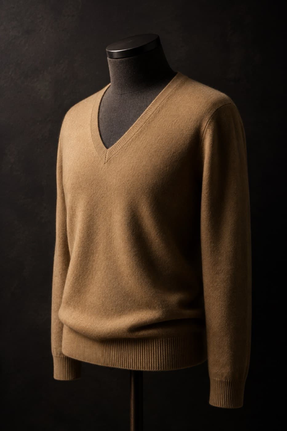 Soft camel pure cashmere V-neck on a charcoal dress form