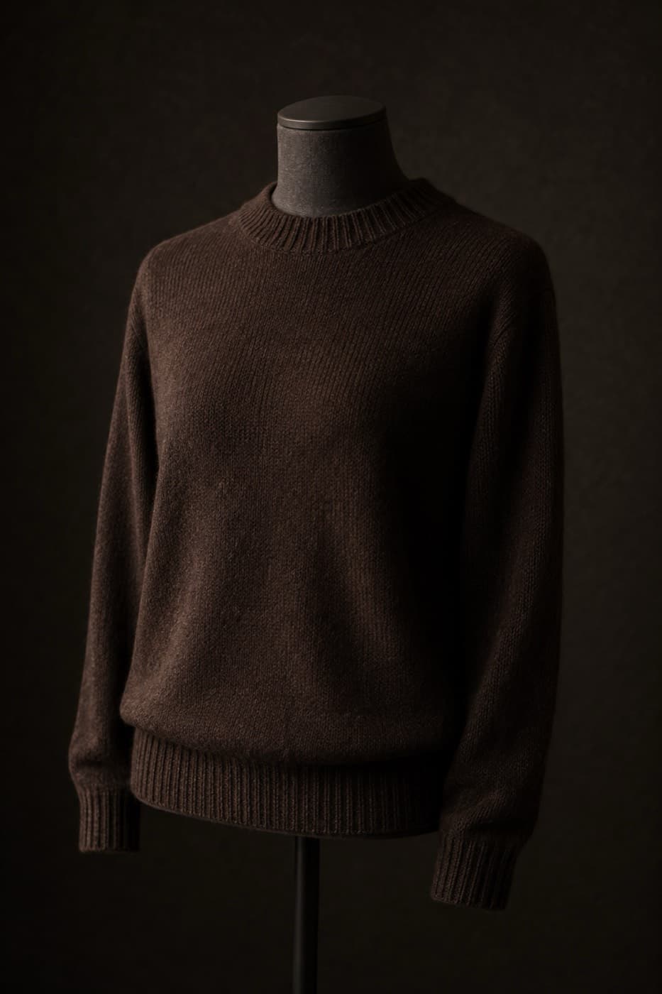 Espresso brown four-ply cashmere sweater on a charcoal dress form