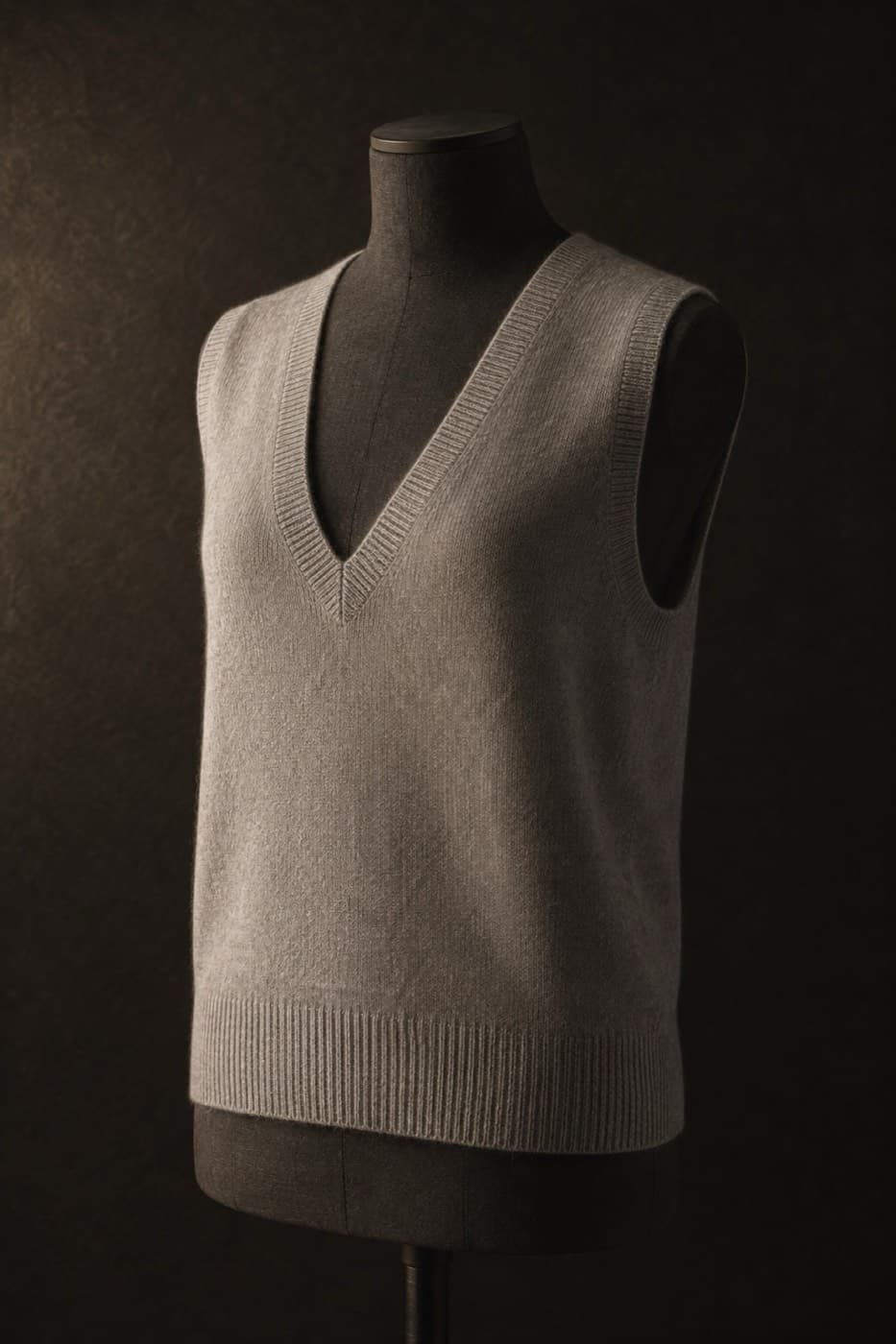 Dove grey pure cashmere knitted vest on a charcoal dress form