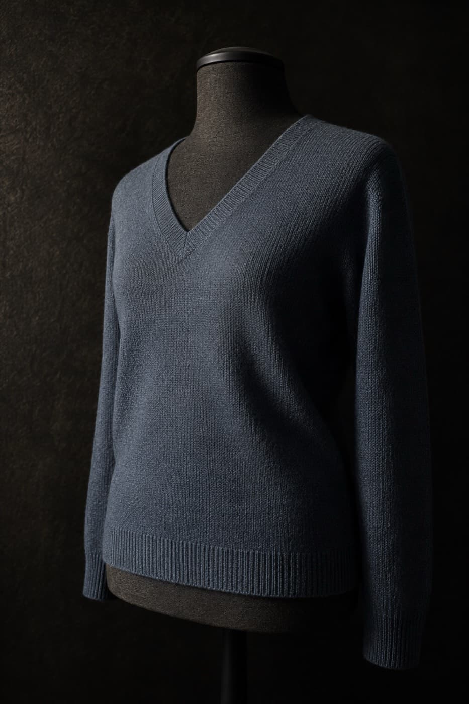 Slate blue cotton knit V-neck on a charcoal dress form