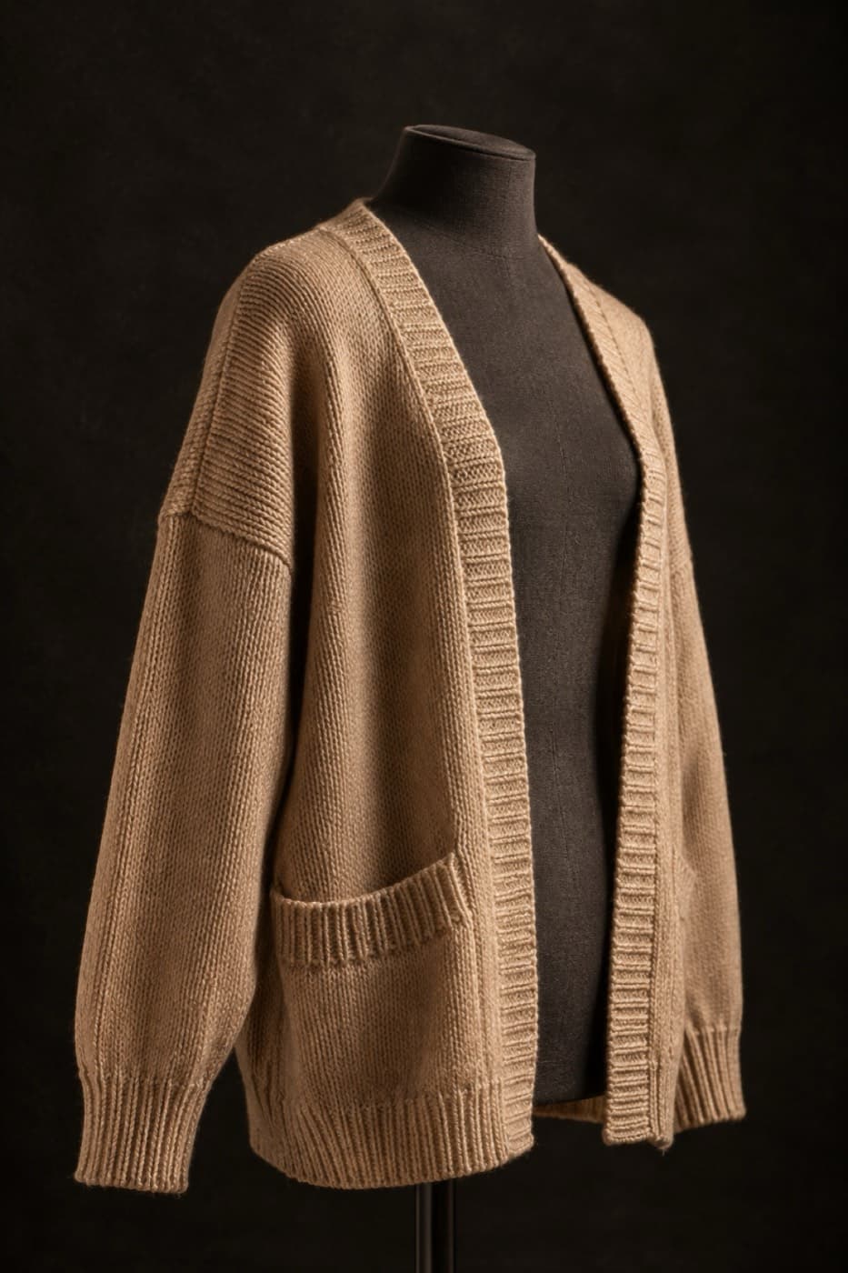 Sand cotton knit cardigan on a charcoal dress form