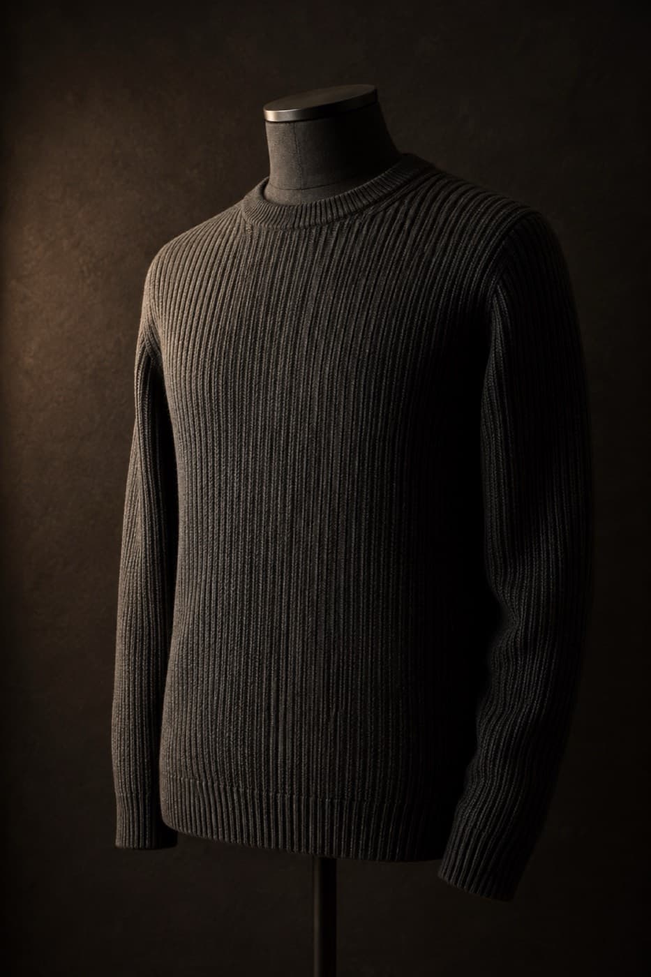 Charcoal ribbed cotton sweater on a charcoal dress form