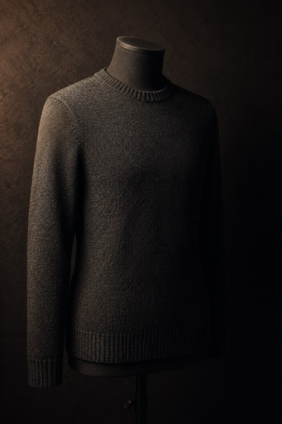 Charcoal wool-nylon crew neck on a charcoal dress form