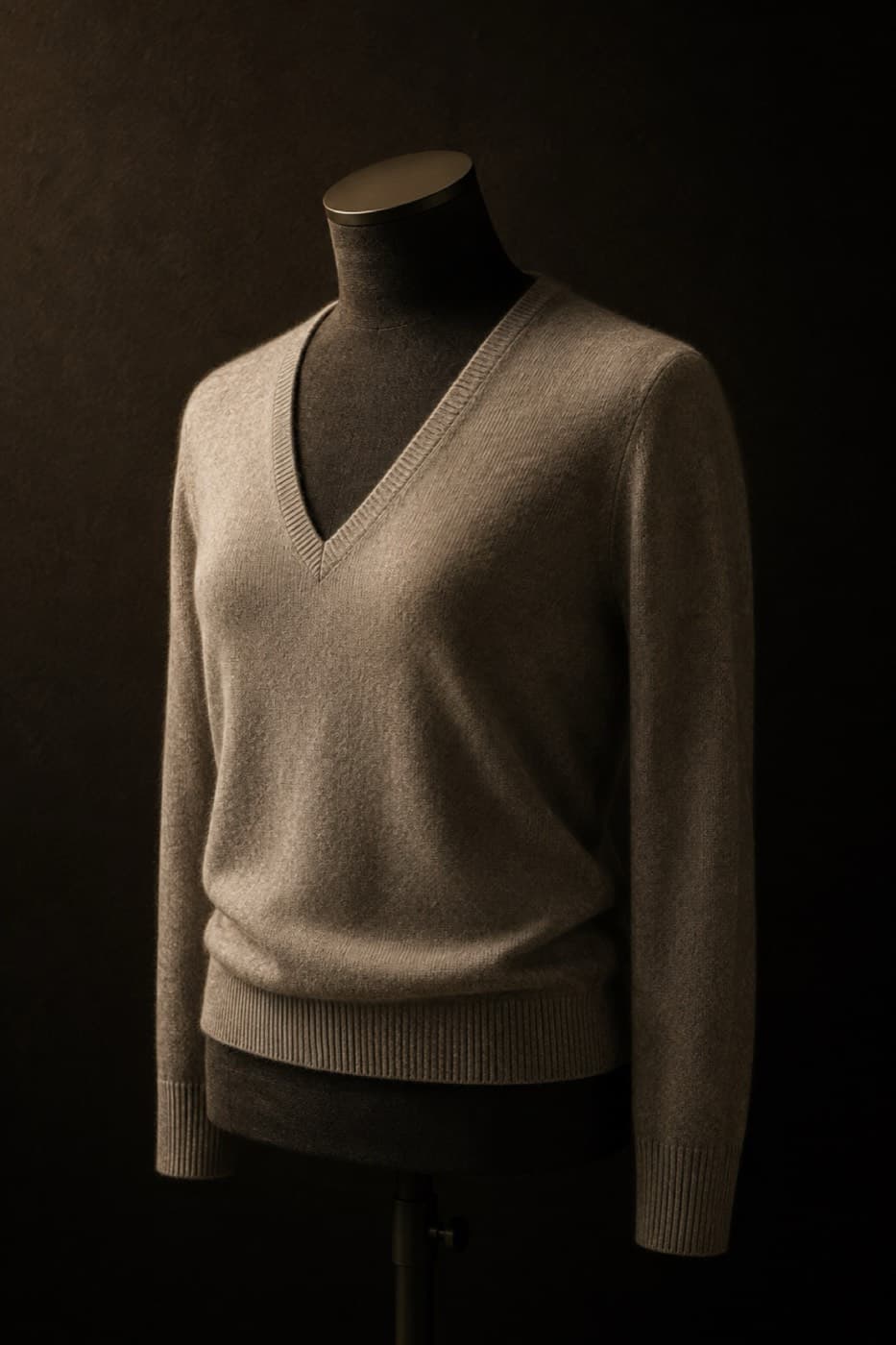 Warm stone wool-silk V-neck with a soft sheen on a charcoal dress form