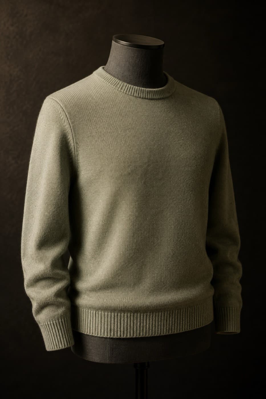 Pale sage wool-cotton crew neck on a charcoal dress form