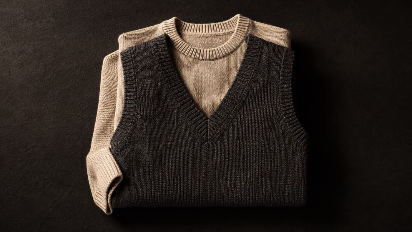 Merino crew neck sweater and lambswool vest laid flat together
