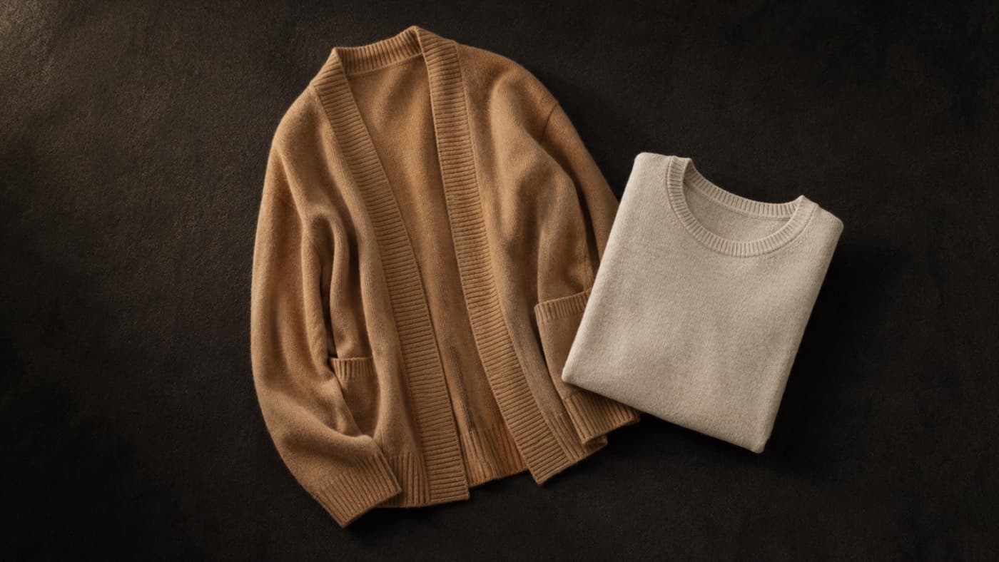 Merino cardigan and folded cotton crew neck laid flat together