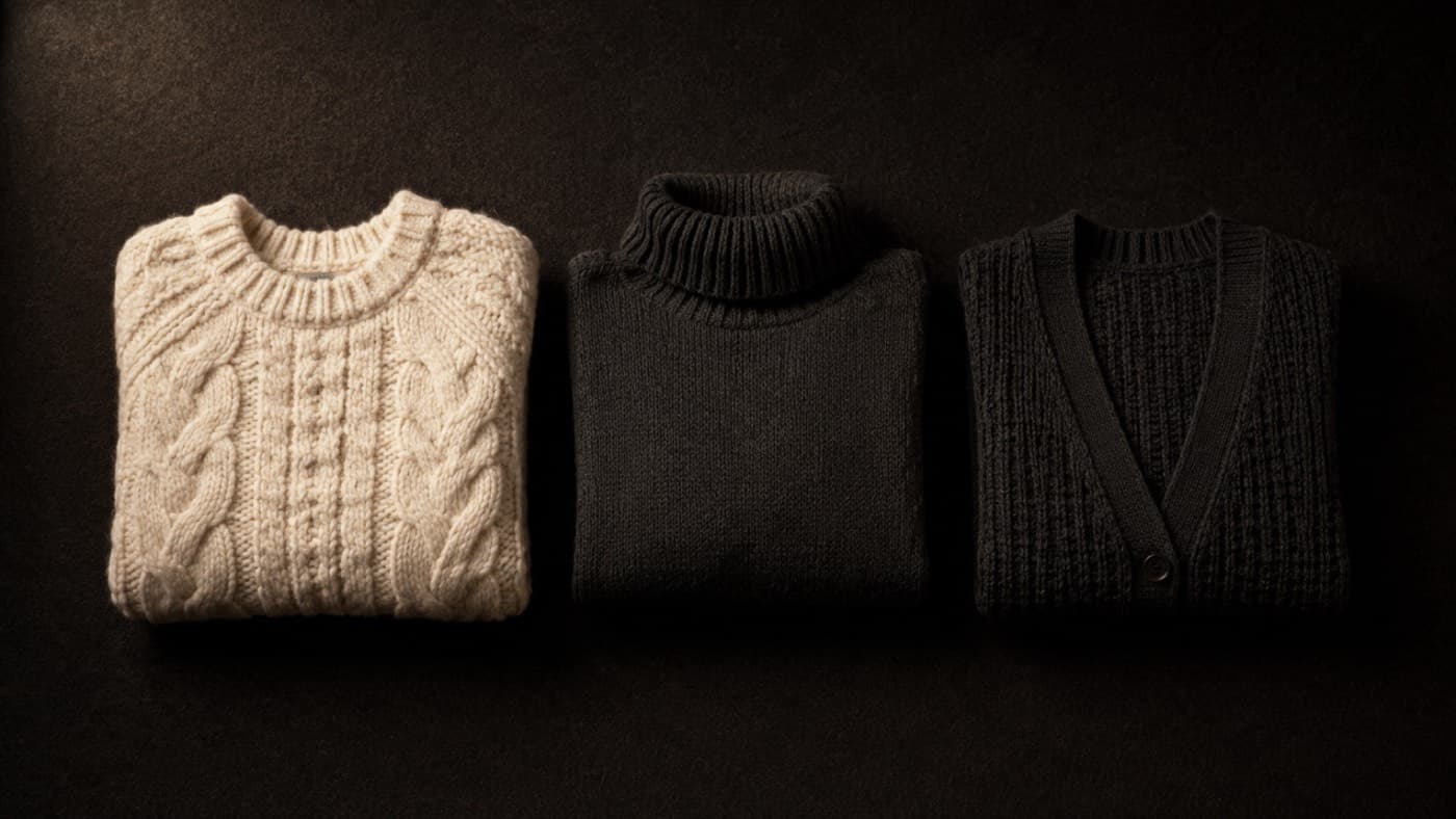Chunky sweater, turtleneck and knitted vest laid flat together