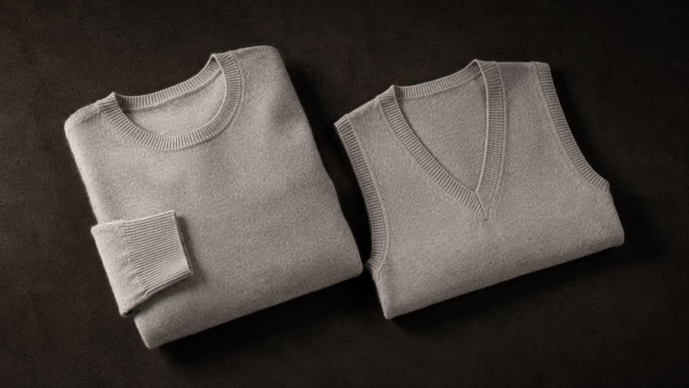 Cashmere crew neck sweater and cashmere vest laid flat together