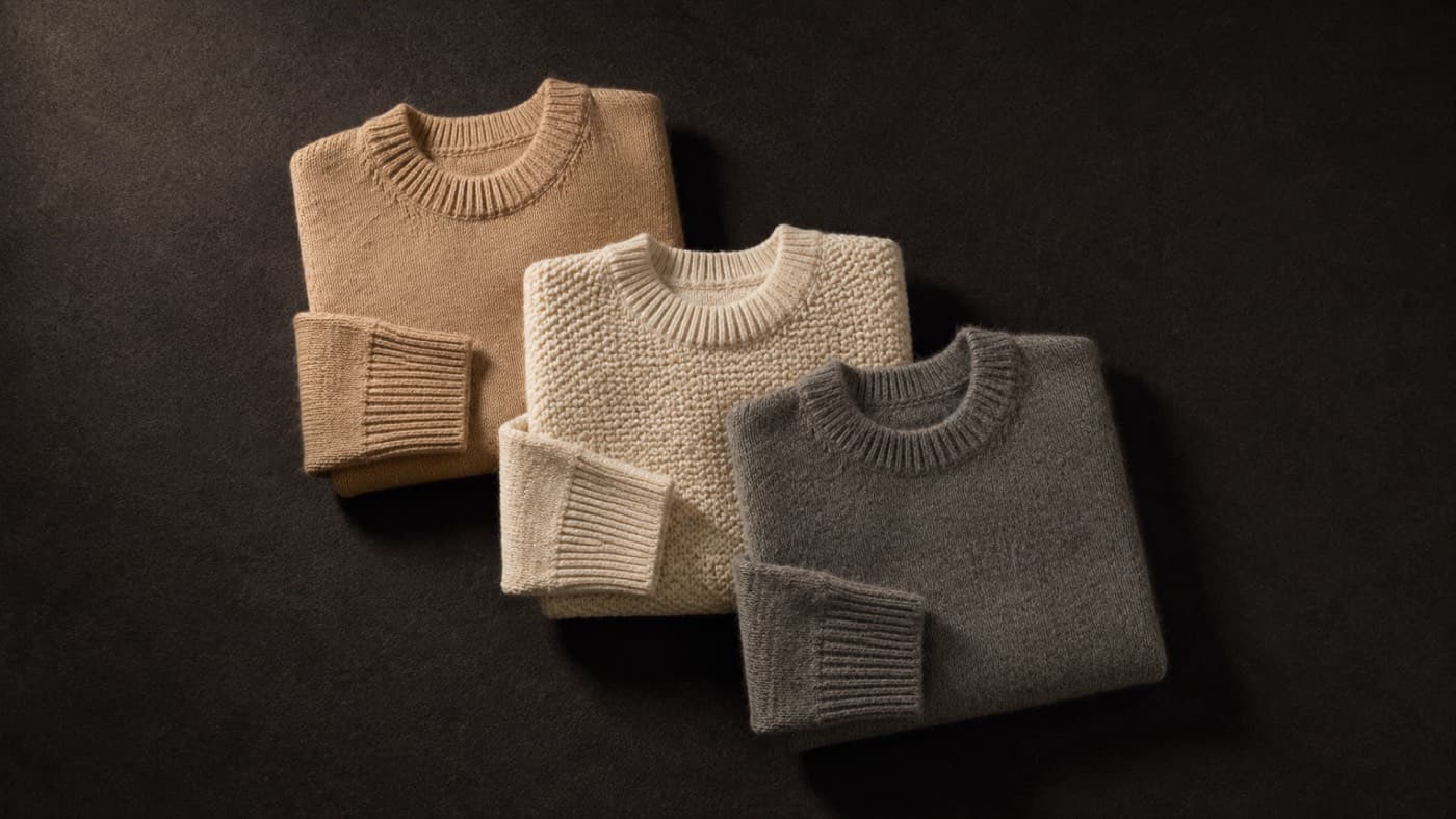 Lambswool, cotton and cashmere-merino sweaters laid flat together