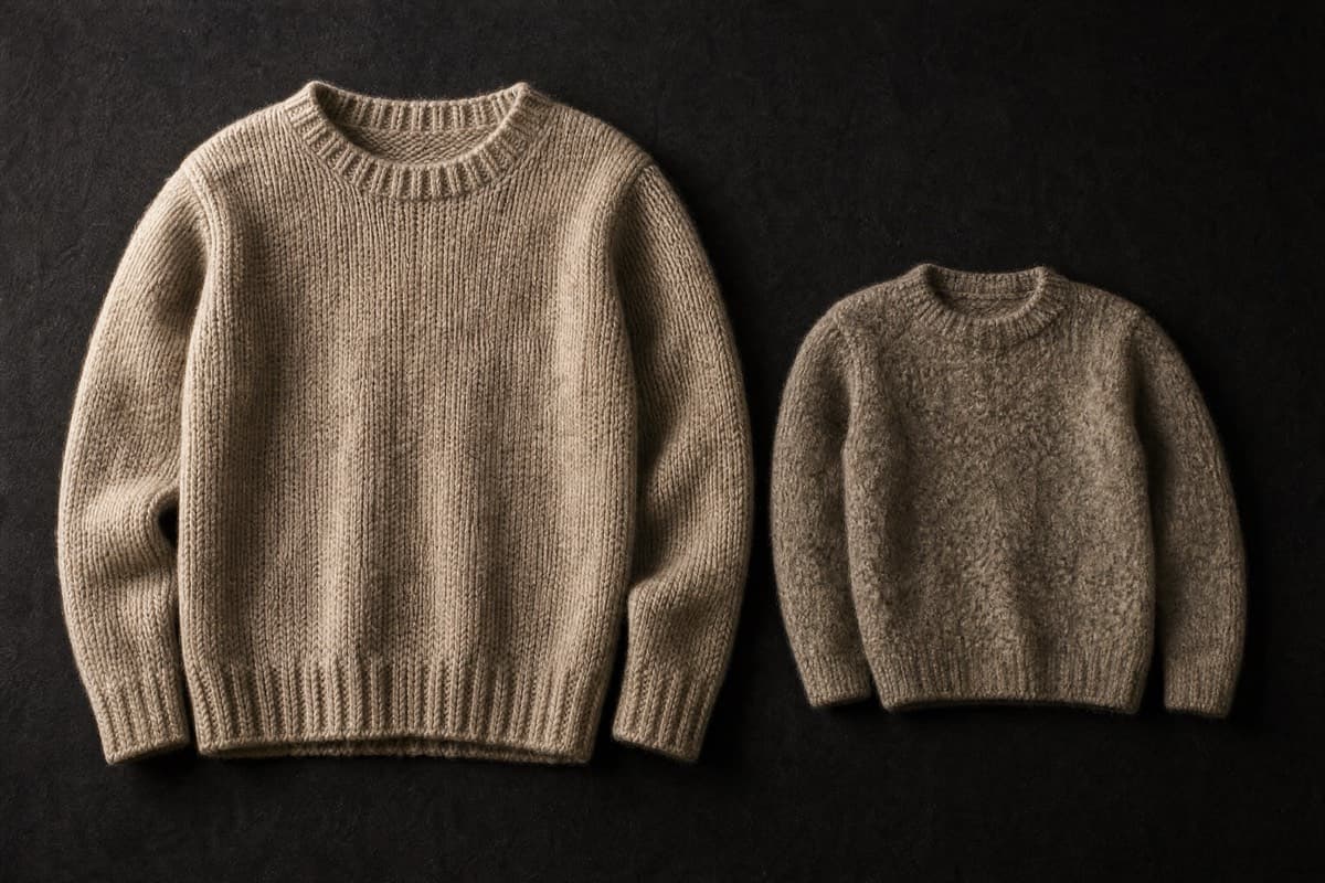 A normal wool sweater beside one shrunk and matted by a hot wash