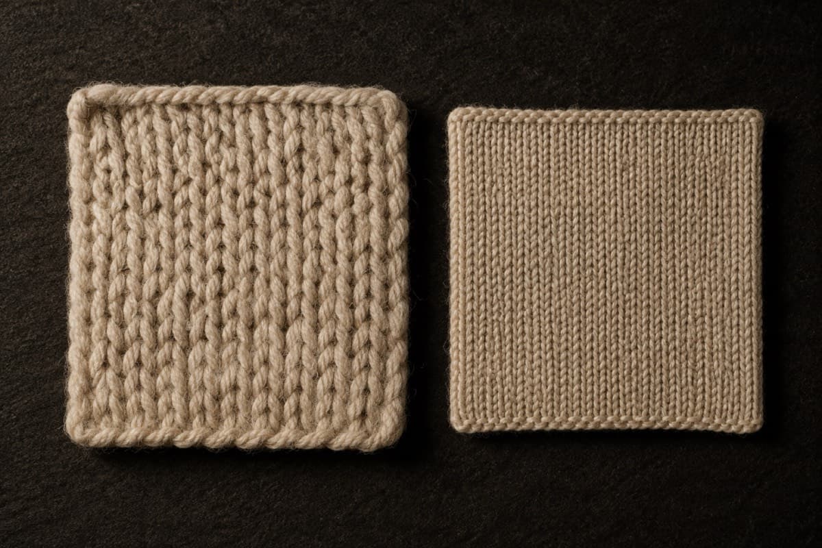 Chunky and fine gauge swatches of the same wool side by side