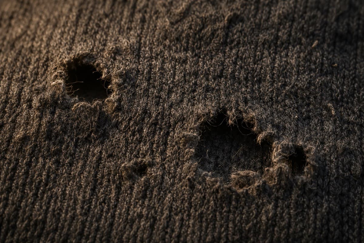 Close-up of moth holes eaten through charcoal wool knitting