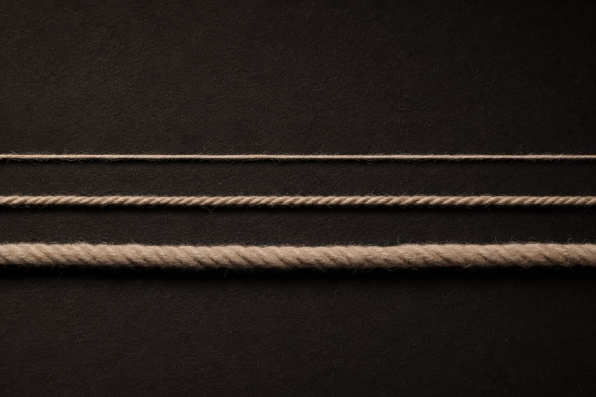 Single, two-ply and four-ply strands of the same wool laid side by side